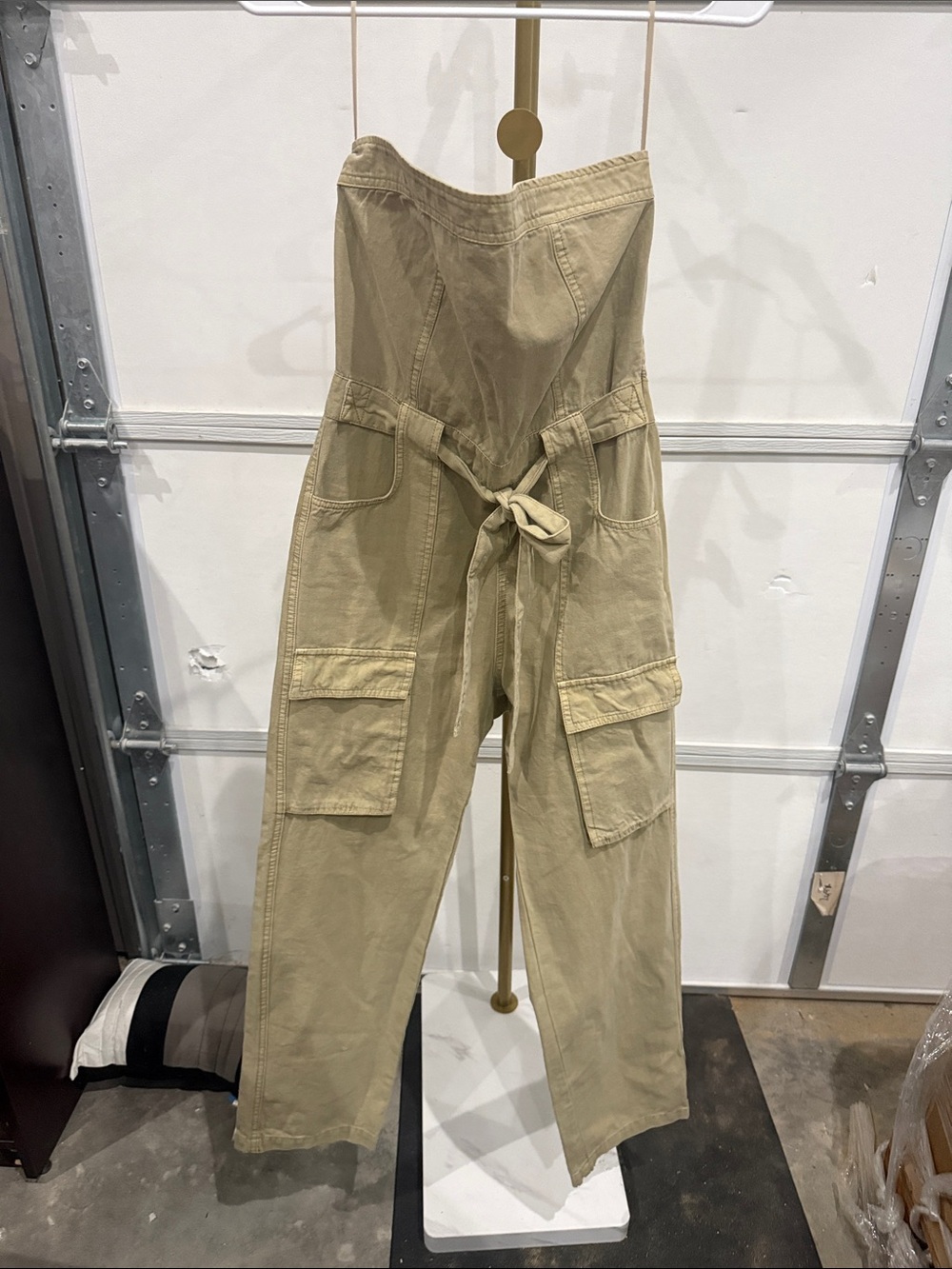 Blue Blush Strapless Cargo Jumpsuit in Khaki